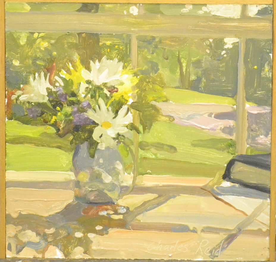 Charles Reid (20th century) American
"Daisies by the Window"
Signed, oil on canvas, 29.5cm by 30.5cm