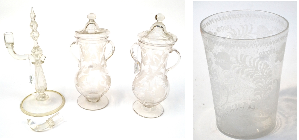 A Bohemian Soda Glass Vase, 19th century, of bucket form engraved with foliage, 26cm high; A Facon
