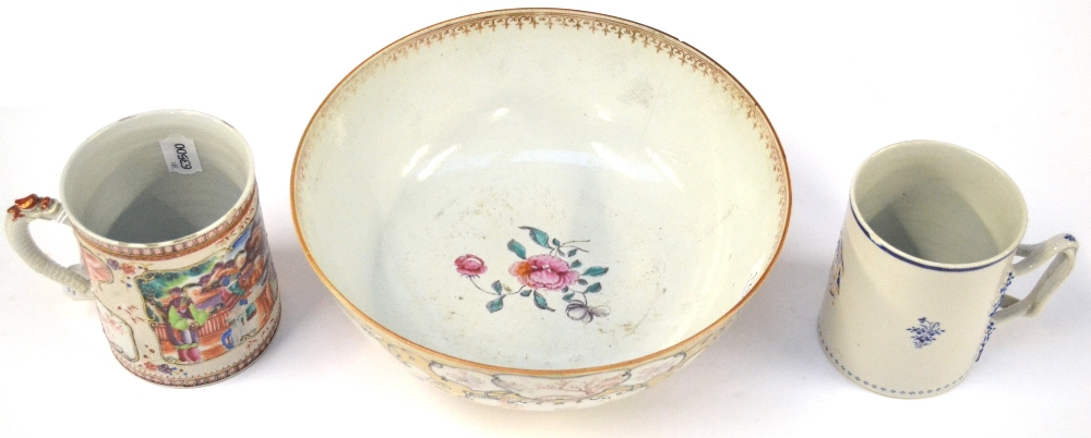 A Chinese Porcelain Punch Bowl, Qianlong, painted in famille rose enamels with figures in interiors,