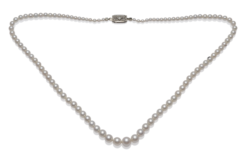A Cultured Pearl Necklace, the single strand of graduated pearls strung to a geometric catch, inset