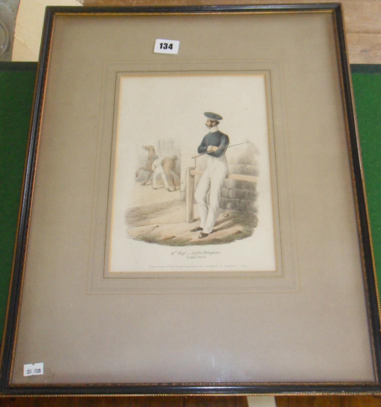 19th century coloured steel engraving of a soldier in a stable, dress uniform of the Light