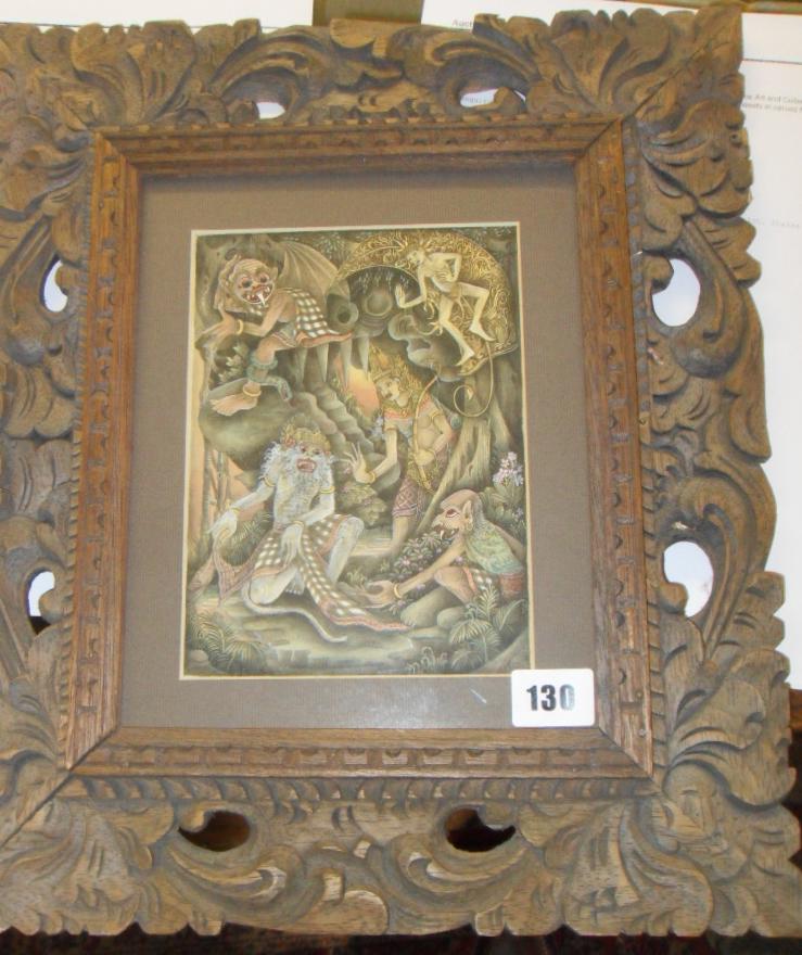 Indian gouache of mythical beasts in carved frame