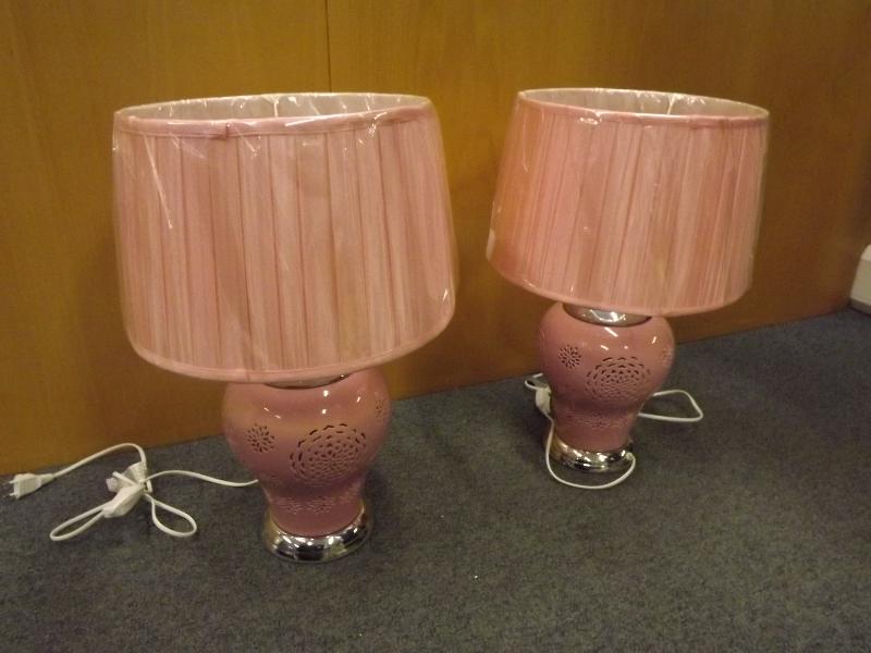 Two pink table lamps with shades, unused, 52cm (h)