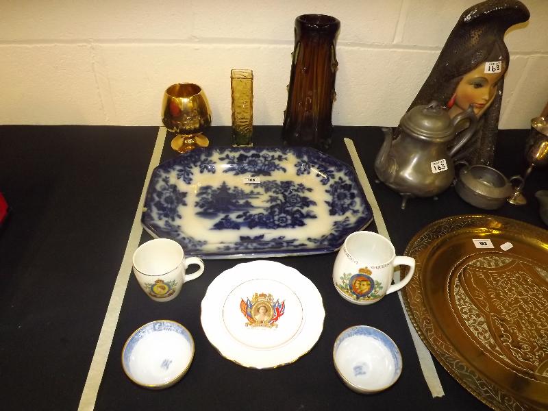 A good mixed lot of ceramics and glassware to include a Victorian large blue and white meat plate,