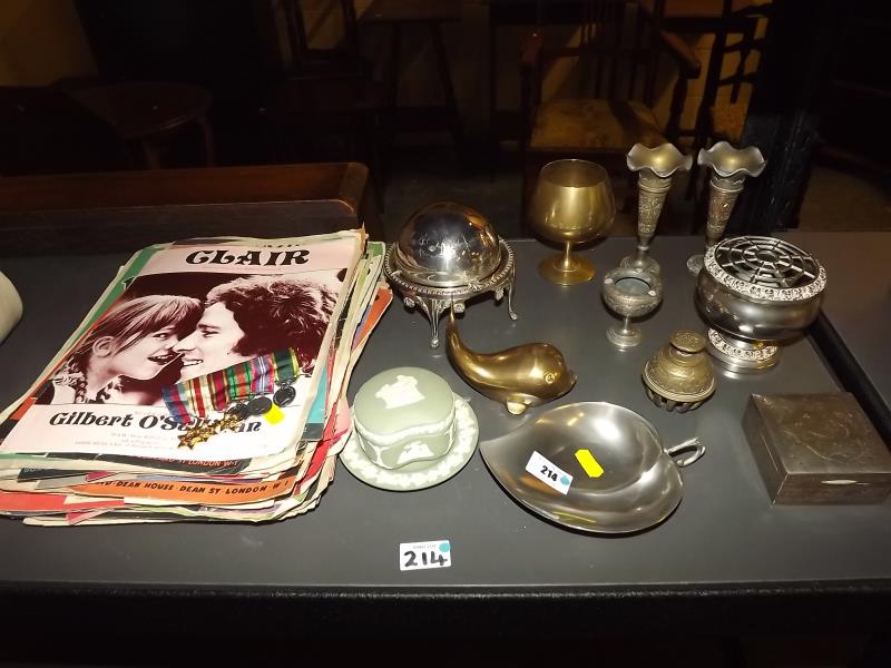 A mixed lot to include a quantity of plated and brass ware, a collection of sheet music circa 1940's