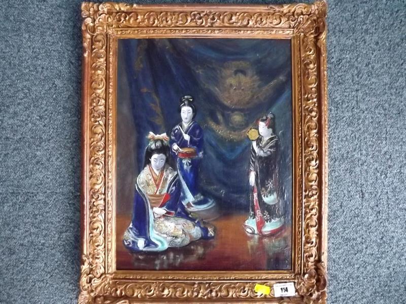 A 20th century oil on canvas depicting three Geisha Girls, unsigned, gilt framed, image size 38cm