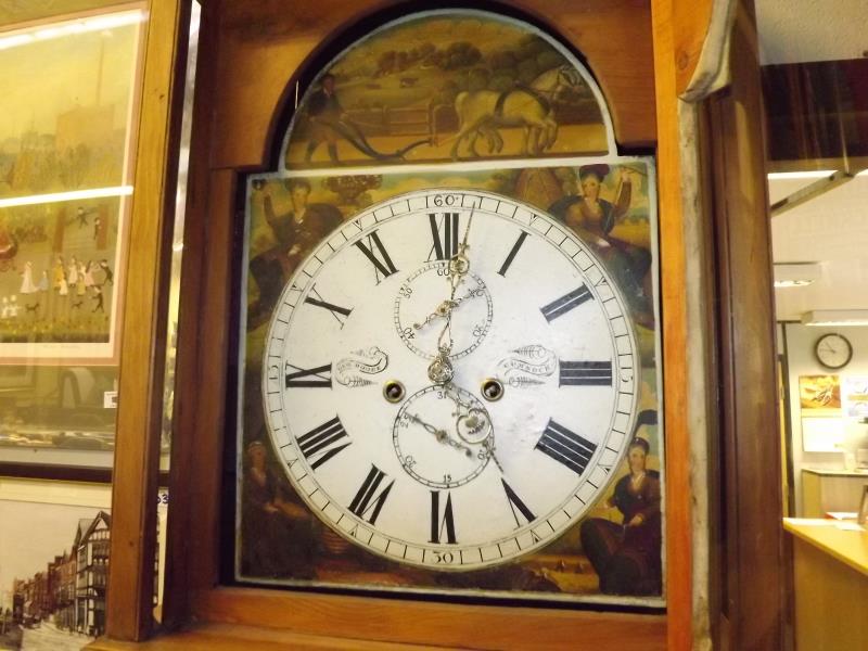 A 19th century Scottish pine-cased 8-day longcase clock, 13inch break arched painted dial with Roman