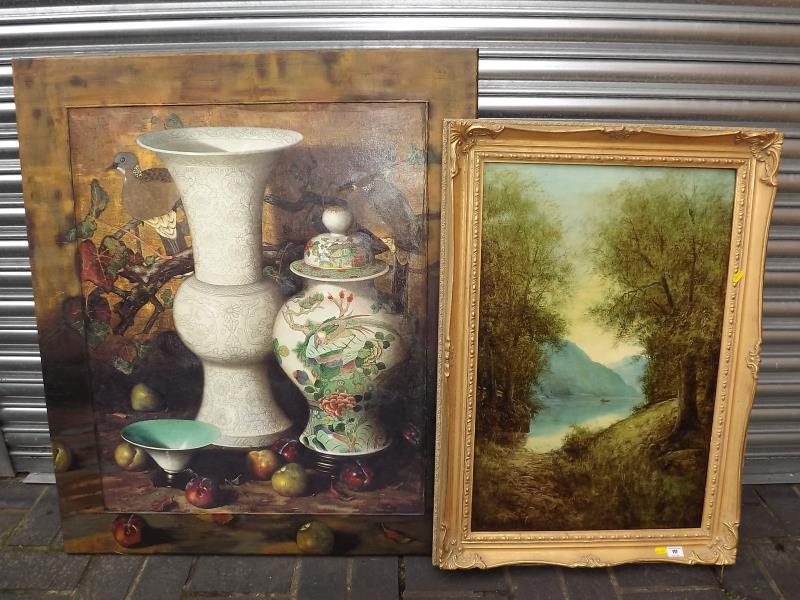 A print on canvas depicting an landscape scene, gilt frame, 65cm (l) x 50cm (w) and further print on