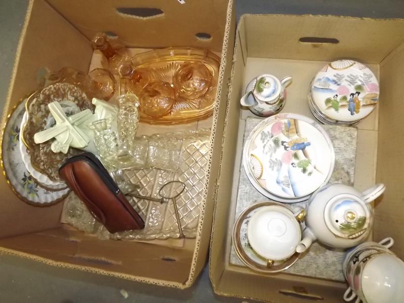 Two boxes of ceramics and glassware to include an Oriental tea service, flatware, dressing table