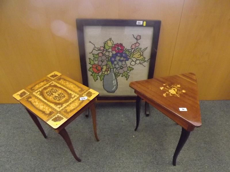 Two side tables with inlaid tops and incorporated musical movement, and a fire screen with framed