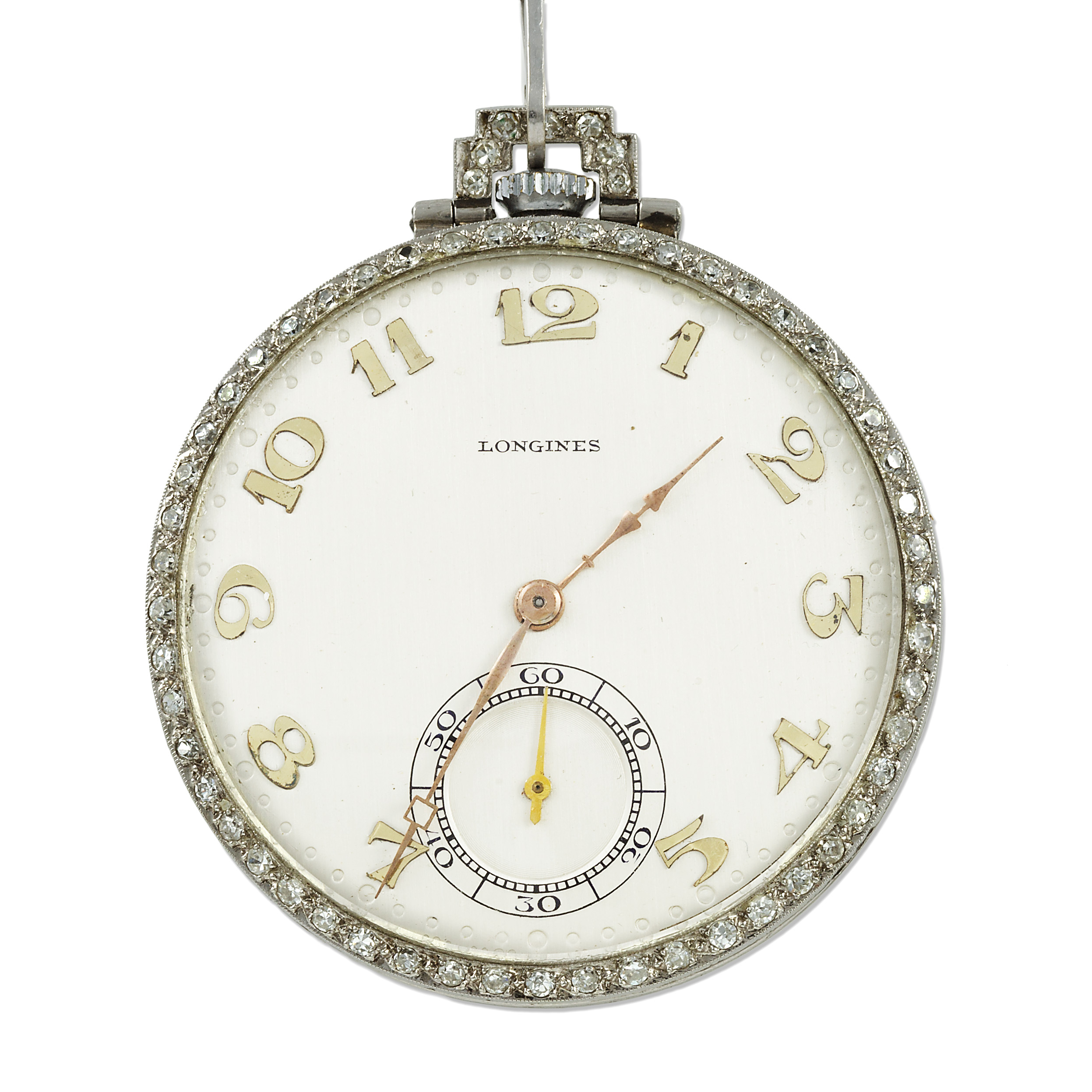 Longines, A Slim Platinum and Diamond Openface Keyless Lever Watch with white gold chain Nickel