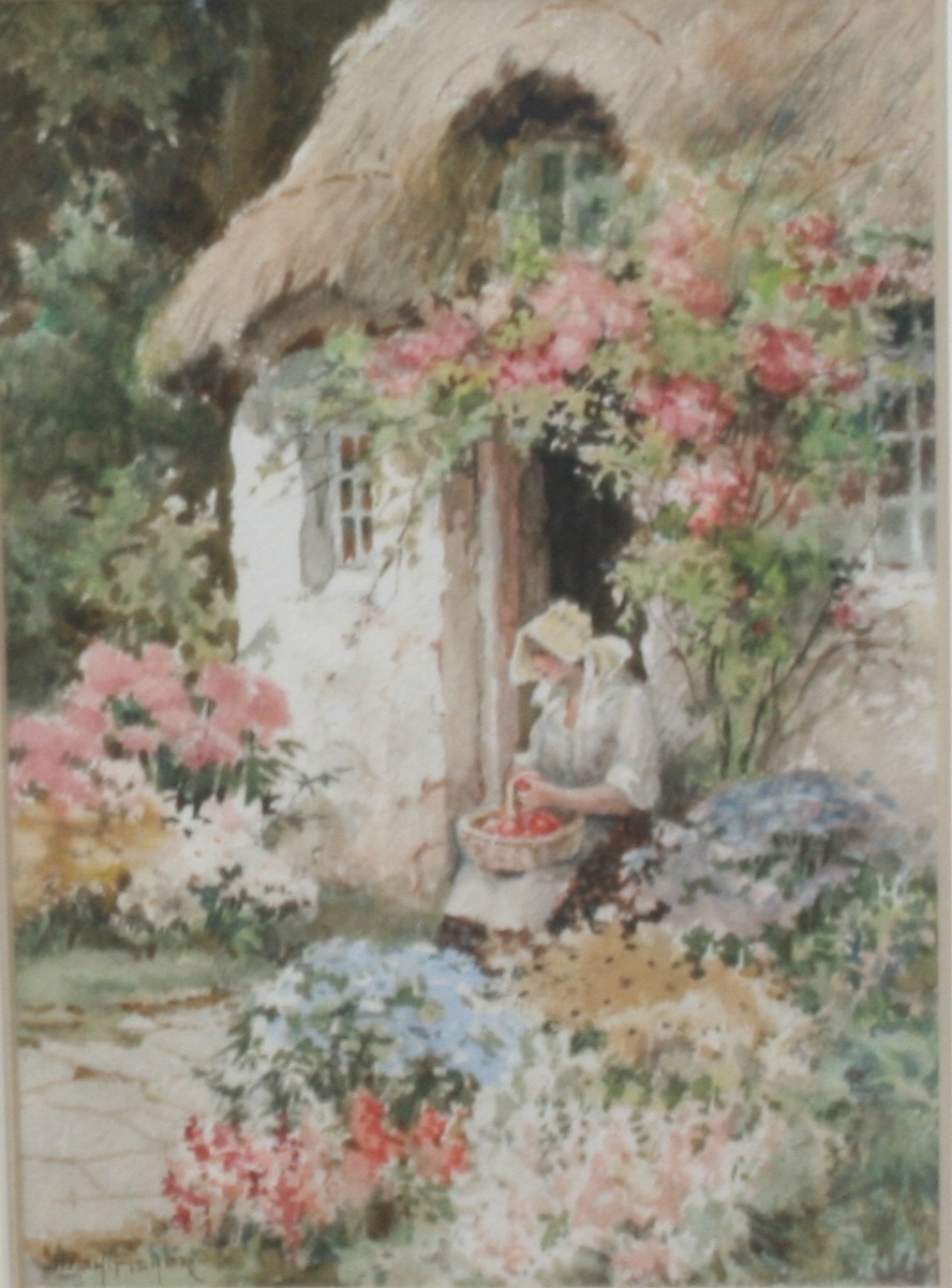 Joshua Fisher (1859-1930). Watercolour. "At the cottage door". Signed lower left. 27cm x 18.5cm.