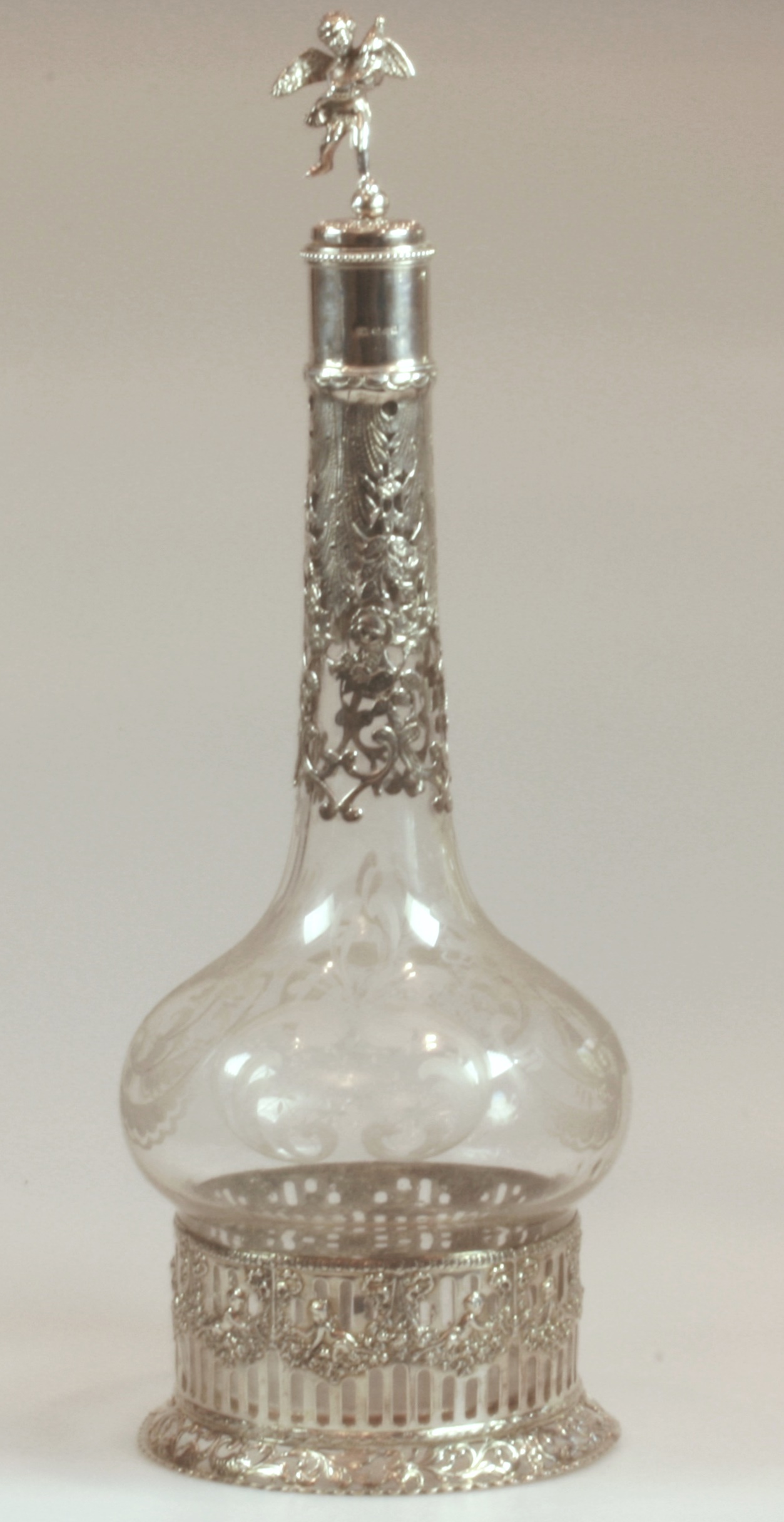 An Edwardian German Silver and Engraved Glass Decanter. Berthauld Muller, import marks for London