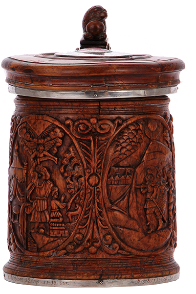 Wood tankard, 10.2`` ht., Swedish or Norwegian, dated 1729, silver mounts; engraved medallion on