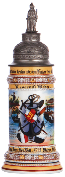 Regimental stein, .5L, 12.2`` ht., porcelain, 4. Comp., Pionier Batl. Nr. 21, Mainz, 1910 - 1912,