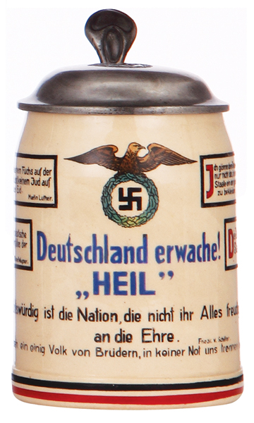 Third Reich stein, .5L, pottery, Deutschland erwach! Heil, anti-semitic quotes from Martin Luther,