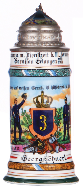 Regimental stein, .5L, 10.1`` ht., porcelain, III. Armee-Corps, Garnison Erlangen, 1912 - 1914, two