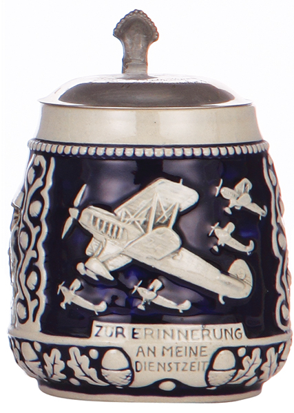 Third Reich stein, .5L, stoneware, relief, airplanes, metal lid, inscription: 5. Fl. H. Betr.