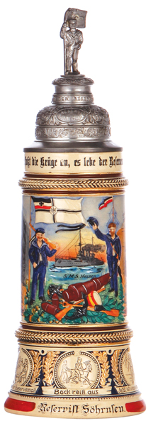 Regimental stein, 1.0L, 13.5`` ht., pottery, S.M.S. Hessen, 1907 - 1910, two side scenes, roster,