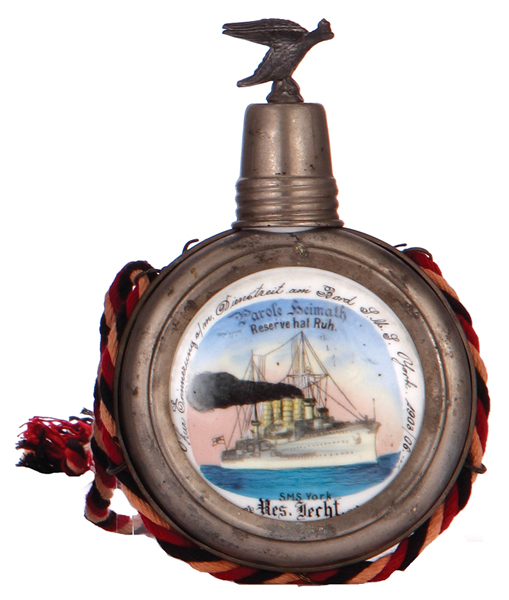 Regimental flask, .25L, porcelain, S.M.S. York, 1903 - 1906, named to: Res. Lecht, metal case has