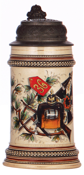 Regimental stein, .5L, 8.6`` ht., pottery, Inft. Regt. Nr. 36, pewter lid, inscription: