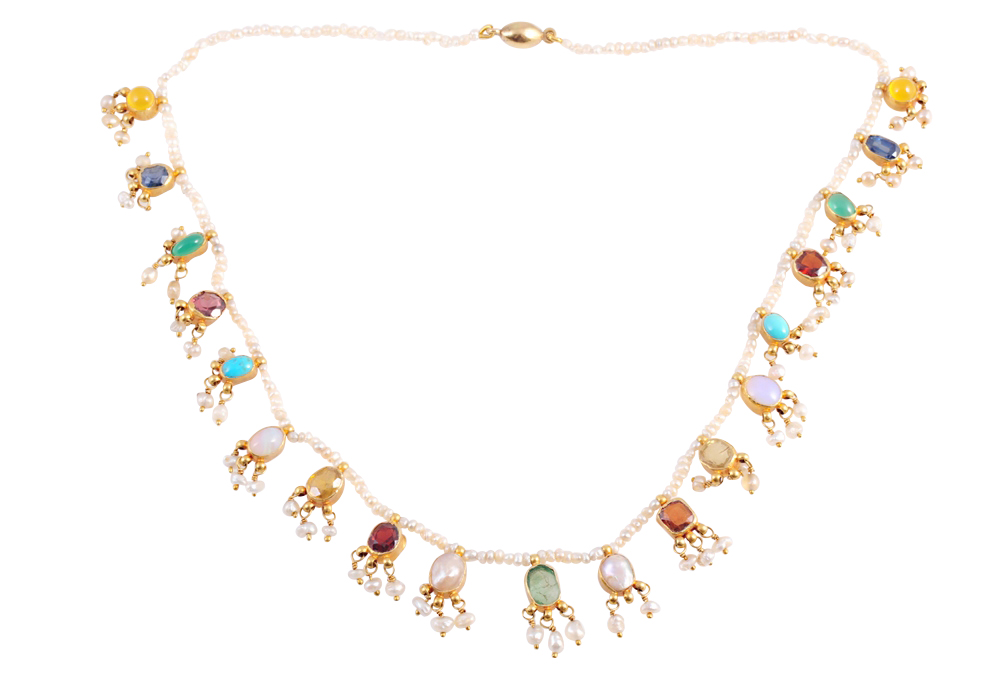 A seed pearl and multi gem necklace, circa 1880-1890, the delicate    strand of seed pearls