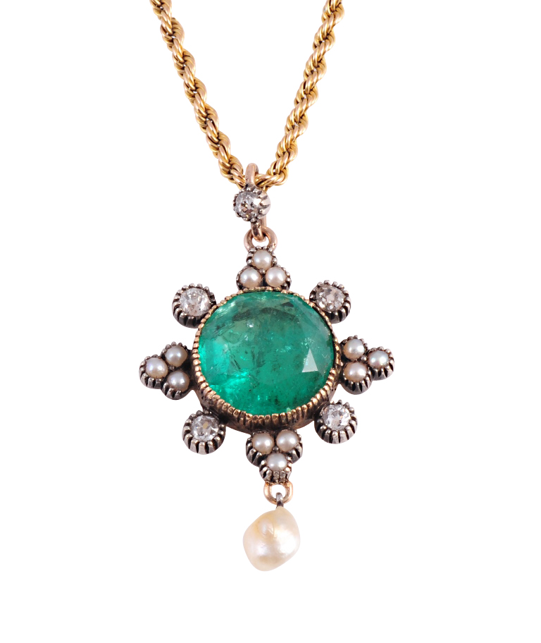 A Colombian emerald, diamond and seed pearl pendant, the baroque pearl drop suspending on an
