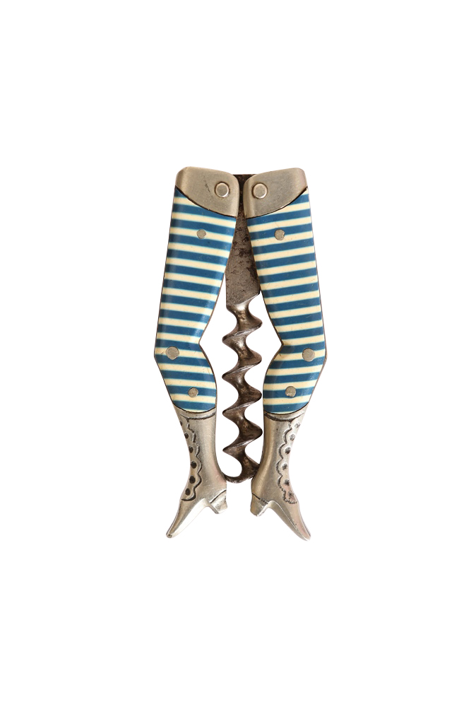 A novelty folding pocket corkscrew, in the form of a lady's legs with blue and white celluloid