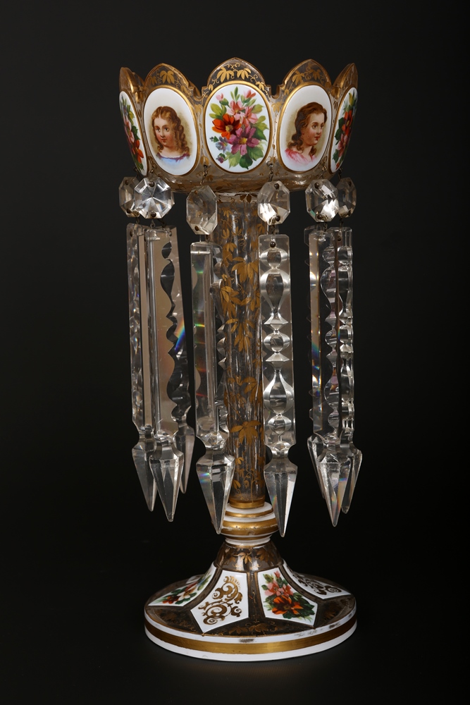 A Bohemian cut and overlaid glass table lustre, mid 19th Century, the crown-top with alternating