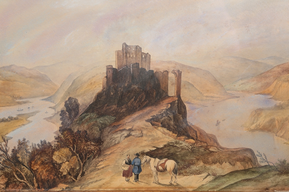 English School (19th Century), Castle on a hill, unsigned, watercolour, framed. 27cm by 34.5cm