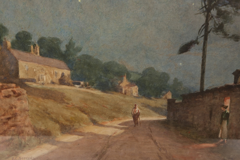 Albert G. Stevens (Exh.1903-1922), Figure on a moonlit path, signed lower left, watercolour, framed.