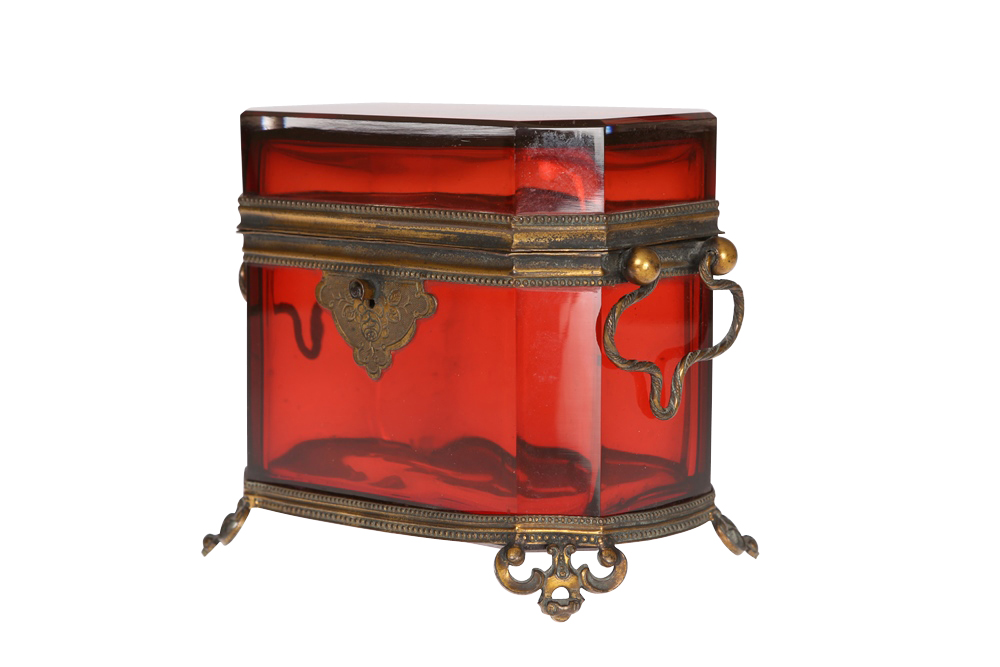 A 19th Century gilt-metal mounted ruby glass casket of Moser type, probably French, of canted