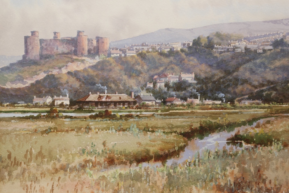 G*** Miller (19th/20th Century), Harlech Castle and River in a valley, a pair, each signed G.