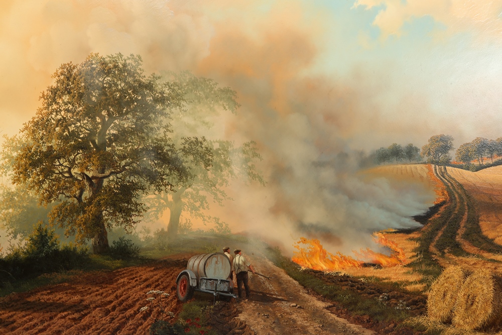 Daniel van der Putten (Dutch, b.1949), "Stubble burning on the road to Chipping Campden", signed