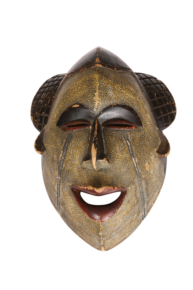 A Japanese carved and painted Noh mask, with open mouth and eyes. 35cm