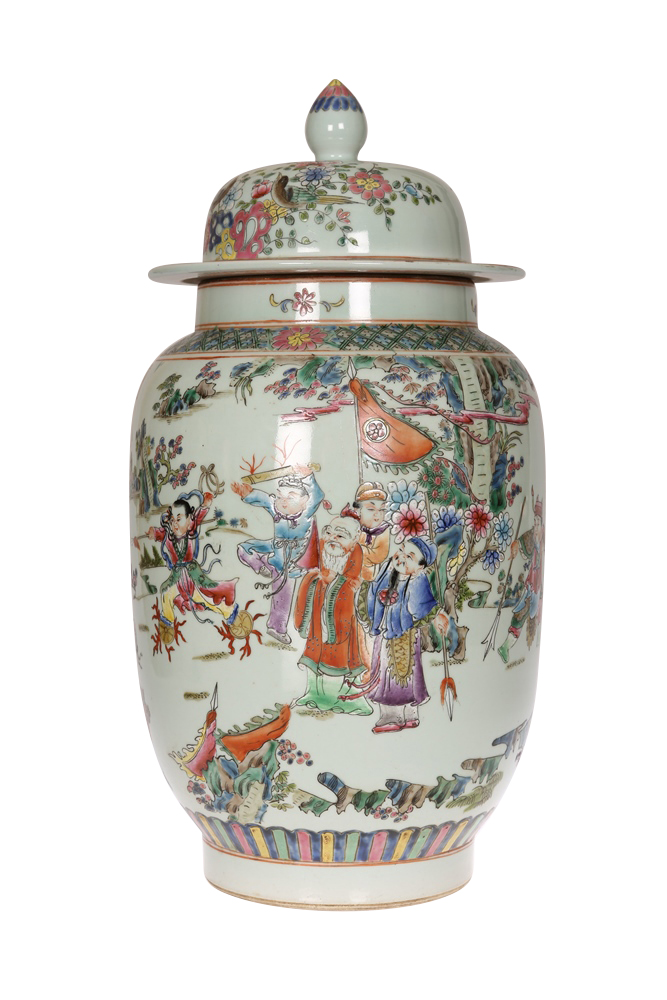 A large Chinese Famille Rose vase and cover, of shouldered ovoid form, the domed cover with broad