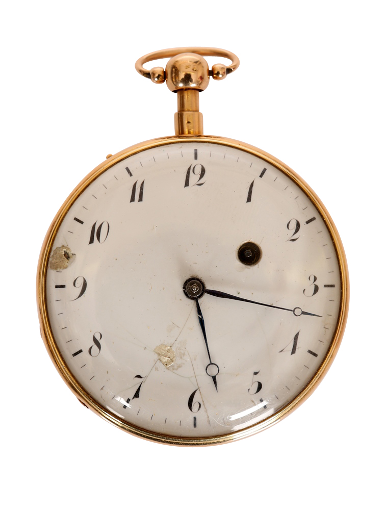A French gold quarter repeating pocket watch, 19th Century, the white enamel dial with Arabic