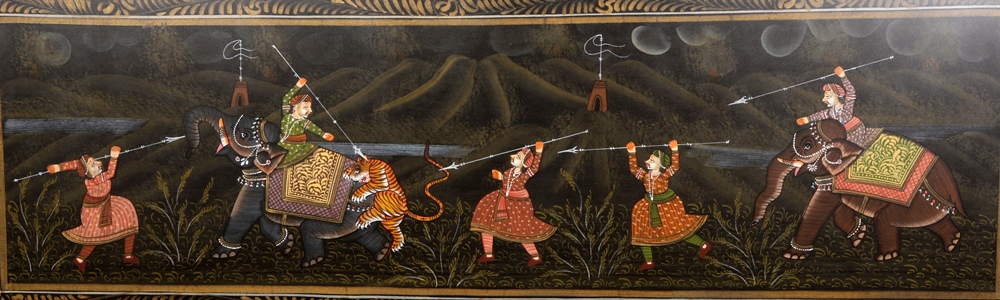Indian School, Tiger hunt, gouache, framed. 40cm by 102cm