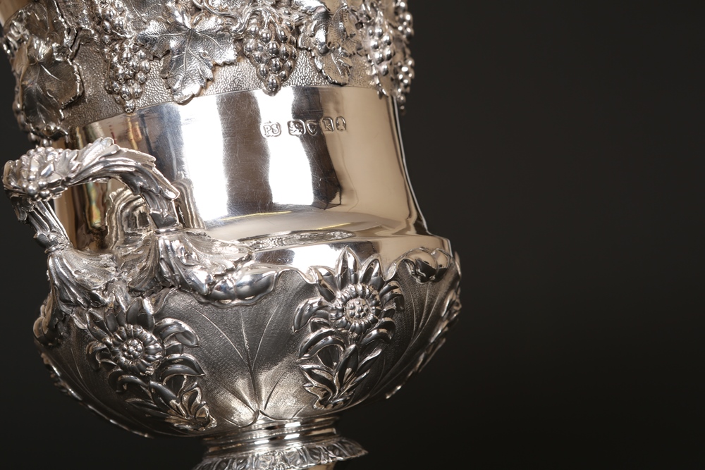 A George IV silver two-handled vase, Paul Storr, London 1825, the urn with flared rim over a band of - Image 7 of 8