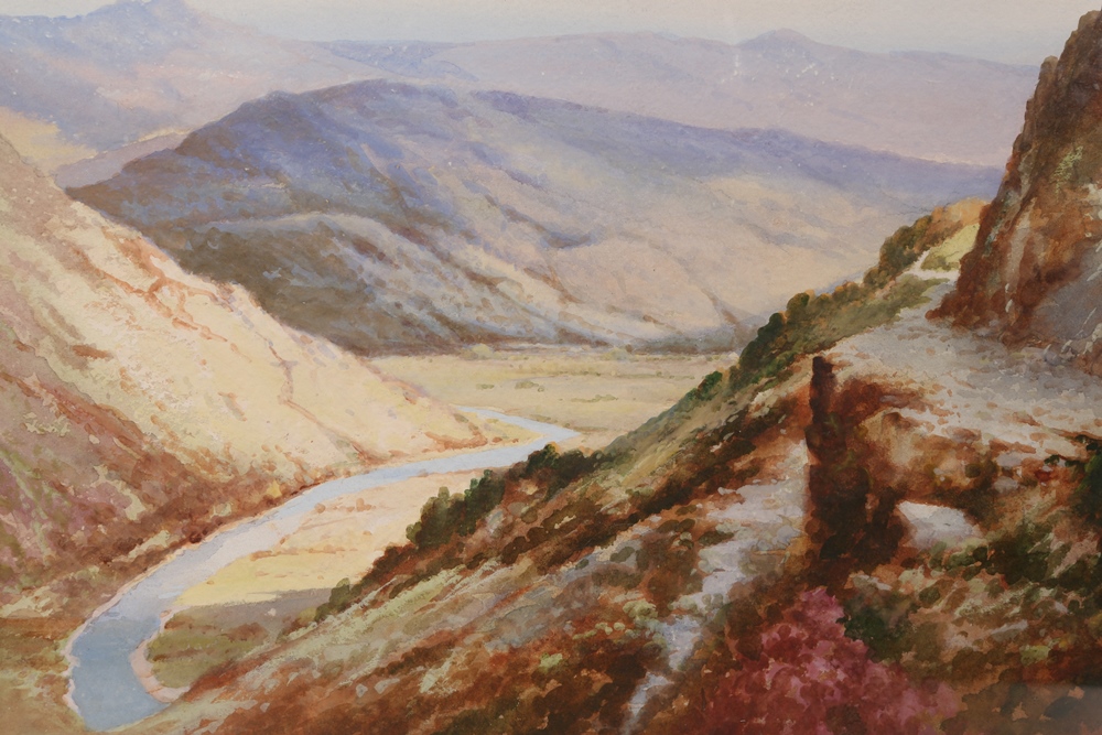 G*** Miller (19th/20th Century), Harlech Castle and River in a valley, a pair, each signed G. - Image 2 of 2