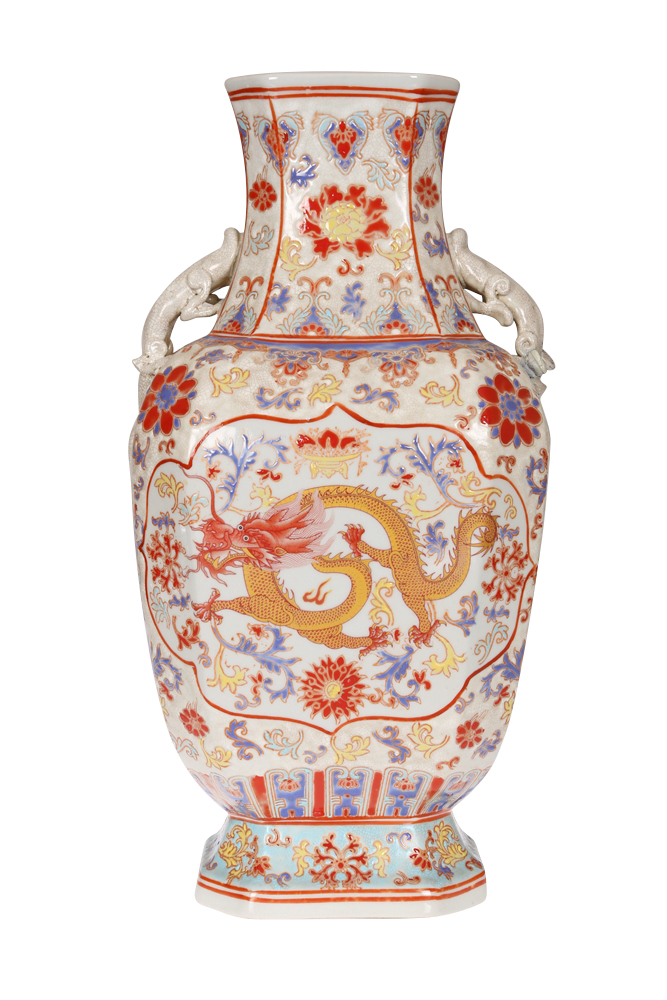 A large Chinese porcelain vase, the square tapering body enamel painted to each side with a four-