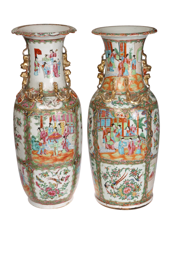 Two large Cantonese vases, 19th Century, of shouldered baluster form with overturned rims,