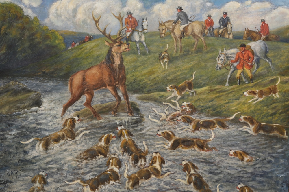 George Anderson Short (1856-1945), Stag hunting, signed and dated 45 lower left, oil on canvas