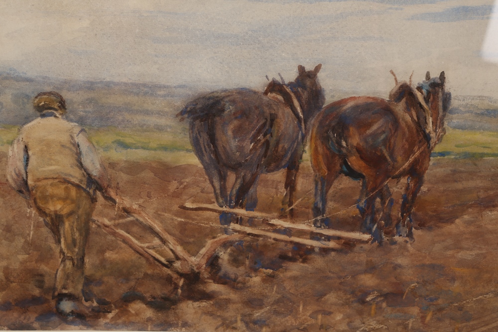 James William Booth (1867-1953), Horses ploughing, signed lower right, watercolour, framed. 24cm