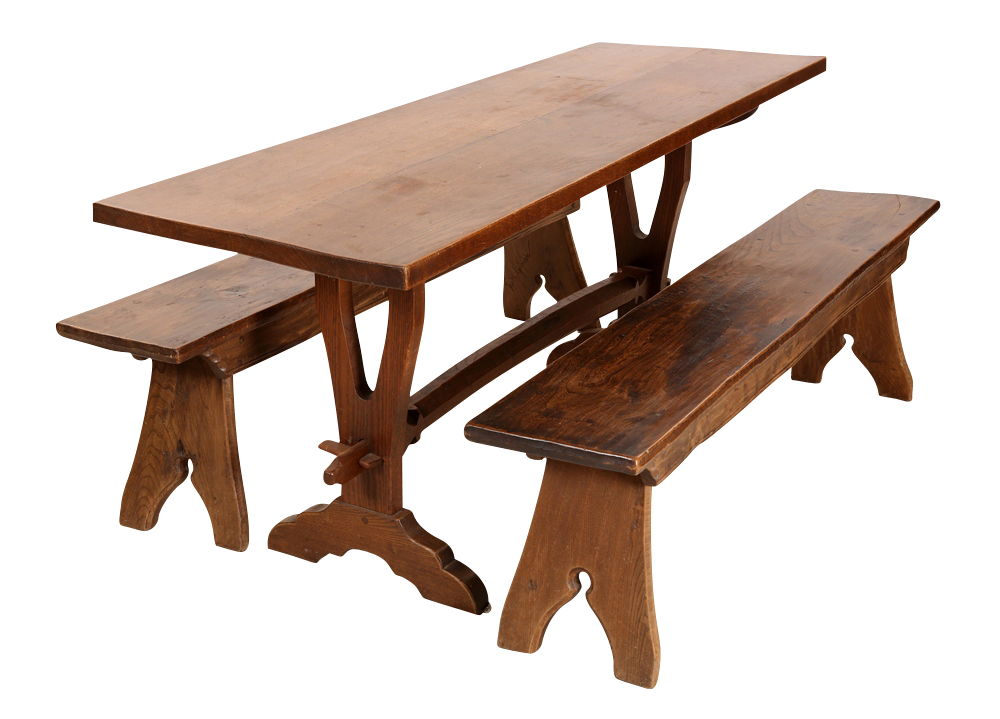 A Jack Grimble oak and elm kitchen table, the 6' two-plank top raised on a refectory type base