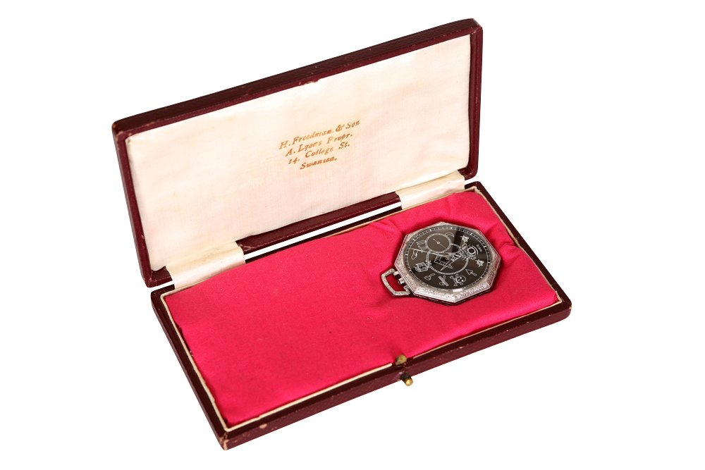 An Elgin white-metal cased Masonic pocket watch, the octagonal case  with engine-turned back, - Image 2 of 3