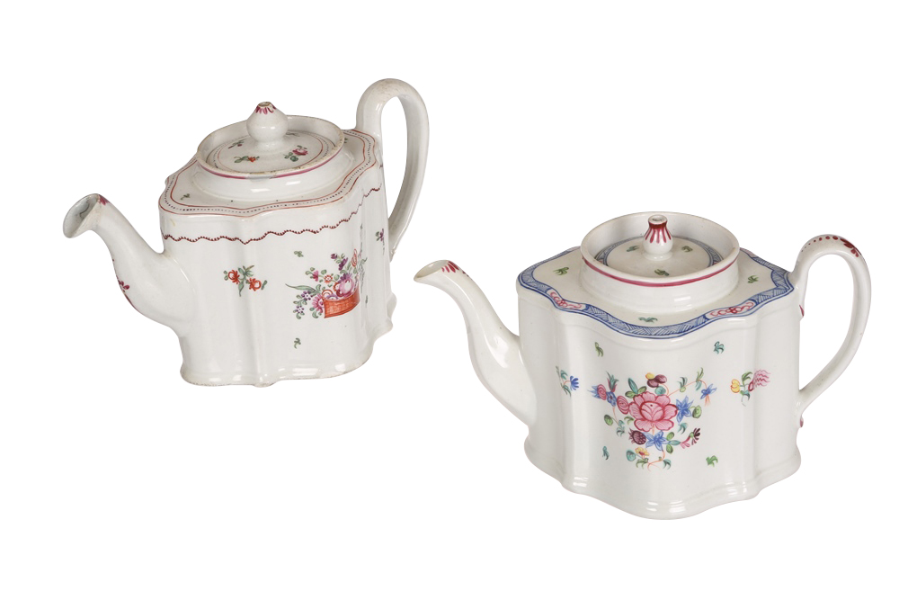 A Newhall teapot, c.1800, of silver shape, painted with floral sprays and sprigs to pattern no. 593;