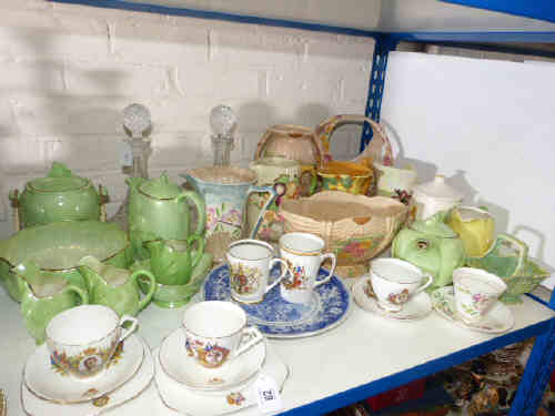 Arthur Wood basket, vase and planter, Maling green lustre ware, commemorative cups and saucers, pair