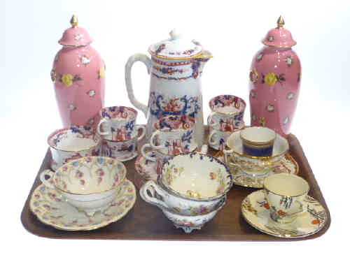 Collection of Cauldon china including pair of lidded vases, coffee pot and various cabinet cups