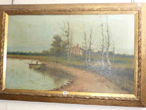 Large gilt framed oil on canvas of a cottage by a pond and a gilt frame oil of a man and dog in